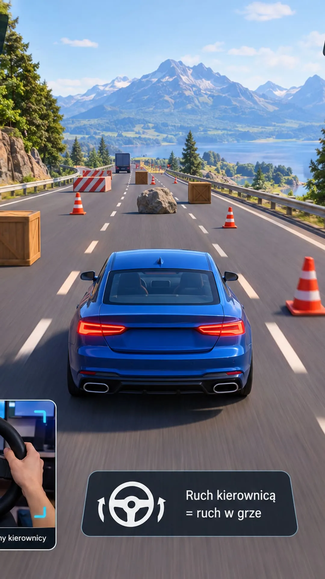 Gameplay: the blue car on the road and a hint that turning the wheel moves the car