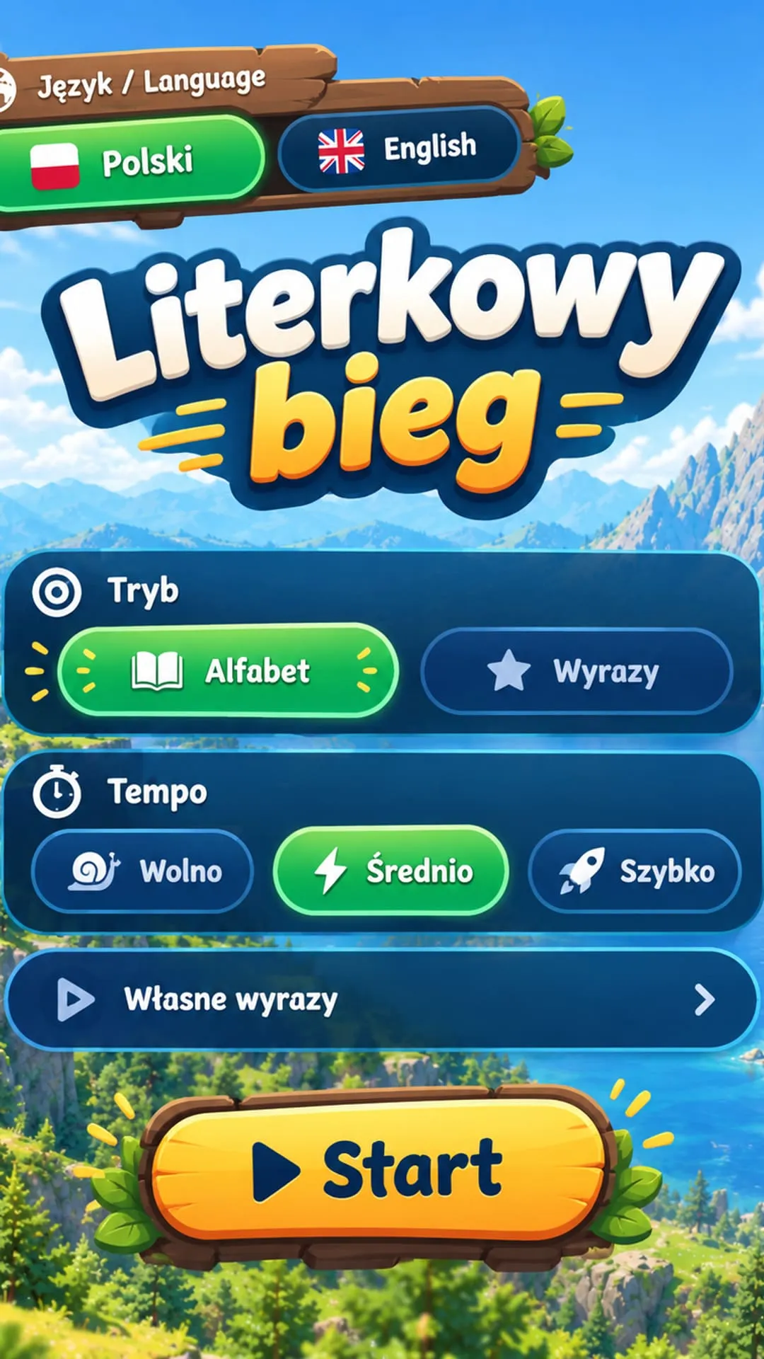 Letter Run start screen with language, mode and speed settings