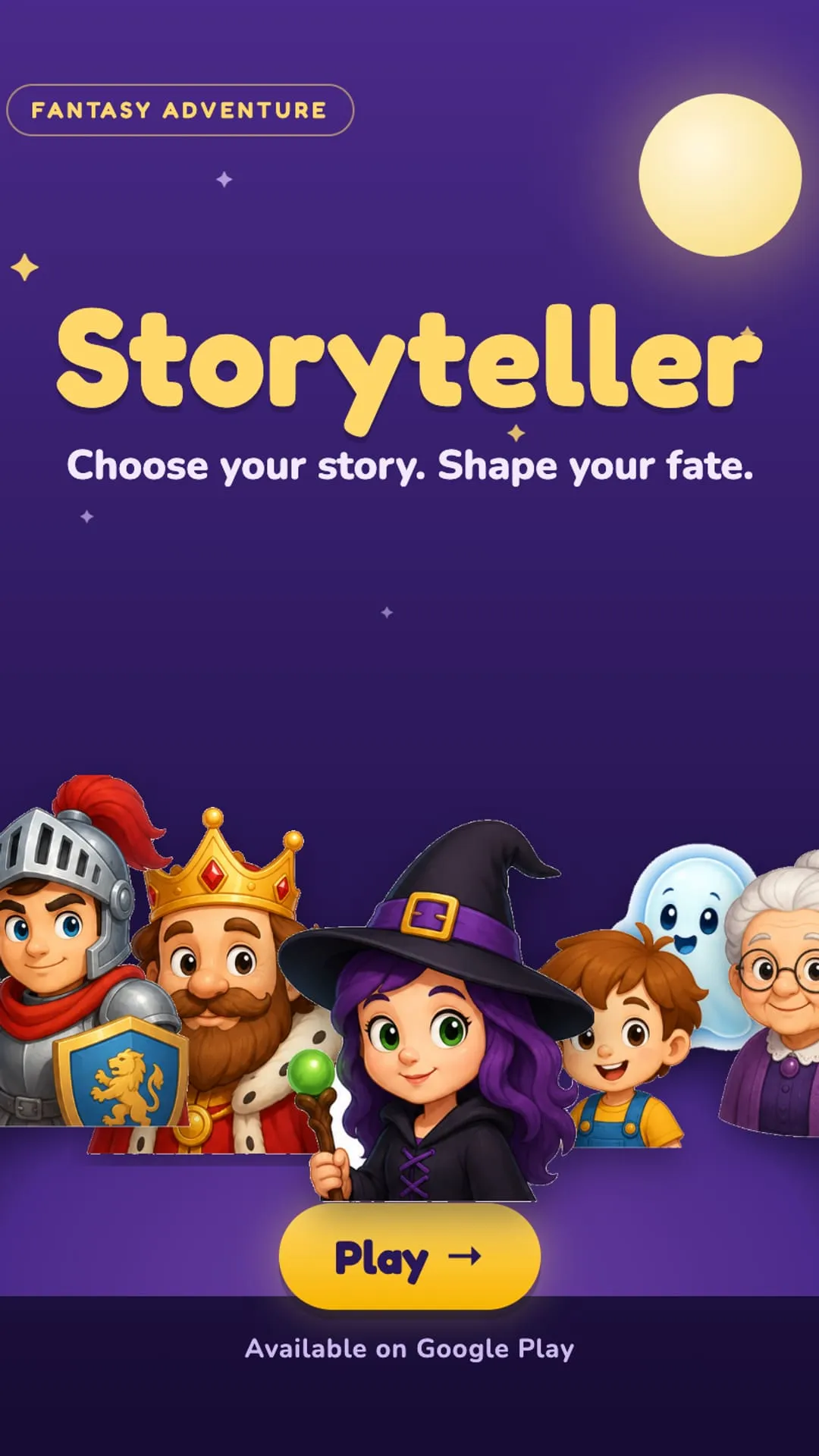 Storyteller title screen with the slogan Choose your story, shape your fate