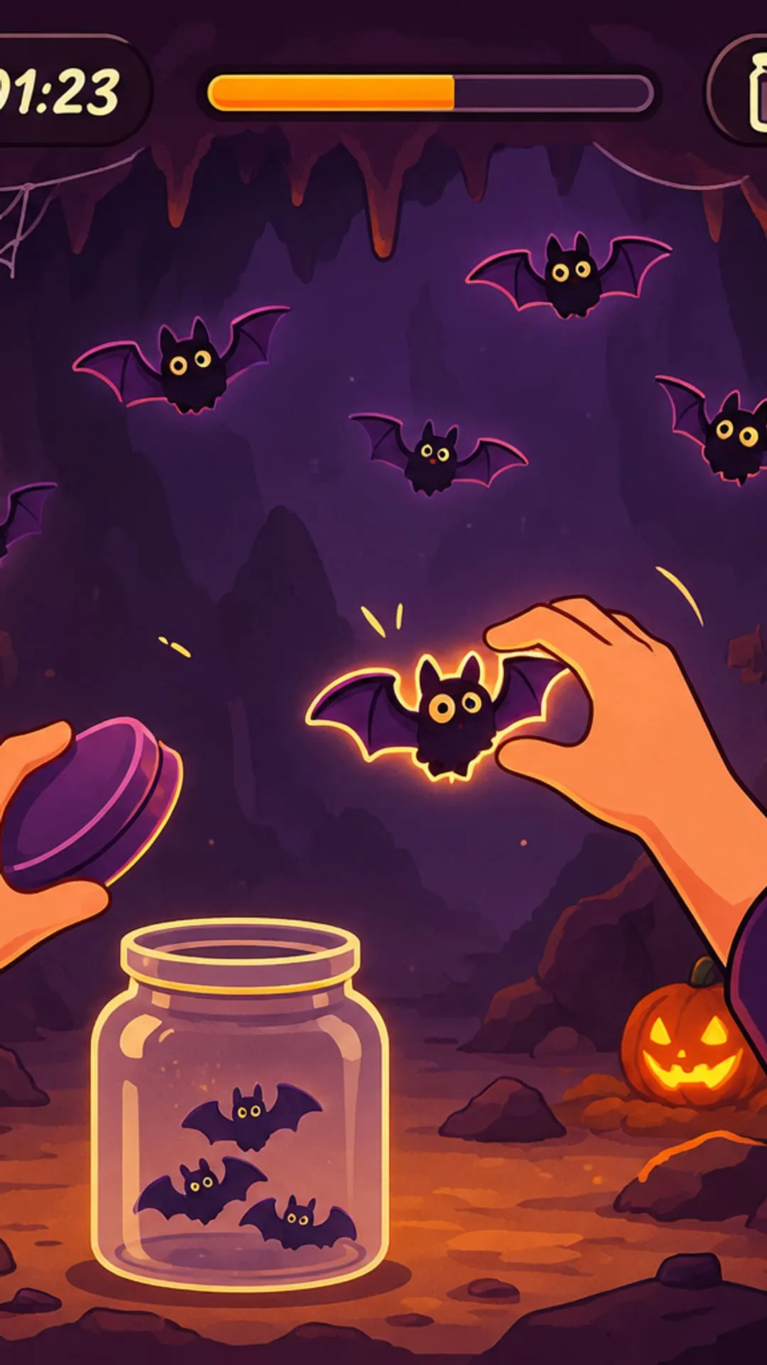 Gameplay: a hand reaches for a bat, with the timer and the jar on screen