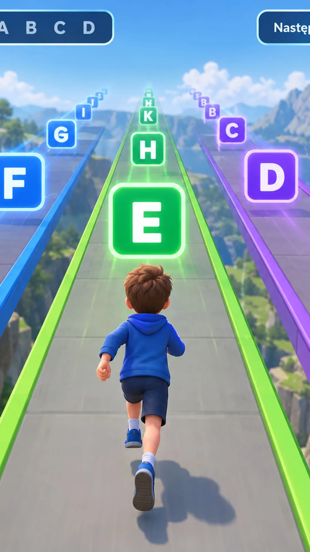 Gameplay: the runner heads for the next letter E while the bar shows the used letters A, B, C, D